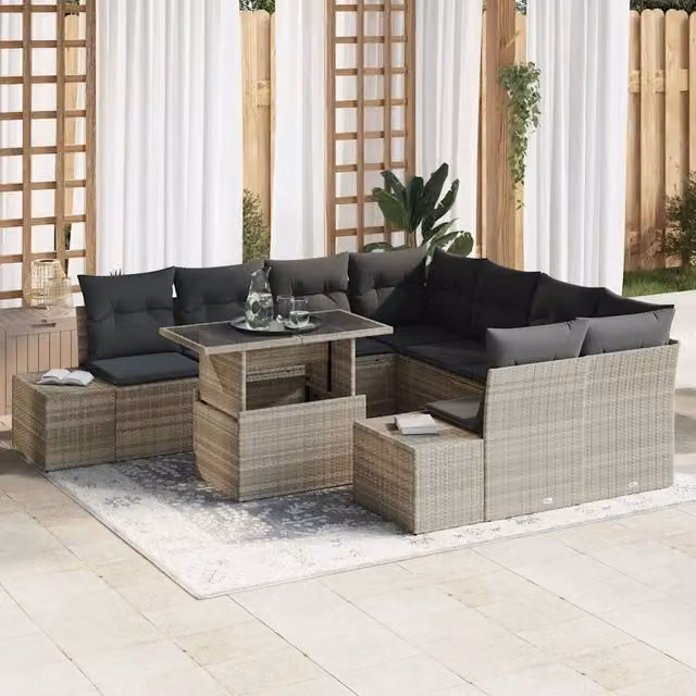 Set Divano da Giardino Moderno vidaXL a Forma a U in Rattan e Metallo con Tavolino da Caffè e Cuscini, 9 Pezzi, Grigio – 1