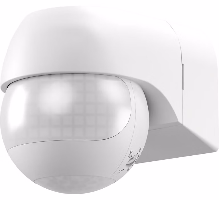 Rilevatore di movimento a 2 zone, orientabile in inclinazione e rotazione, bianco, per montaggio a parete a vista, campo di rilevamento 180°/360°, portata 12 m, per esterni (IP44), compatibile con LED