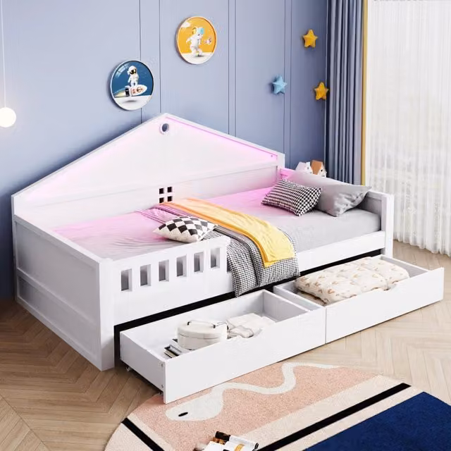 Letto per bambini 90 x 200 cm con striscia LED, cassetti, rete a doghe, letto singolo, letto per ragazzi - Bianco