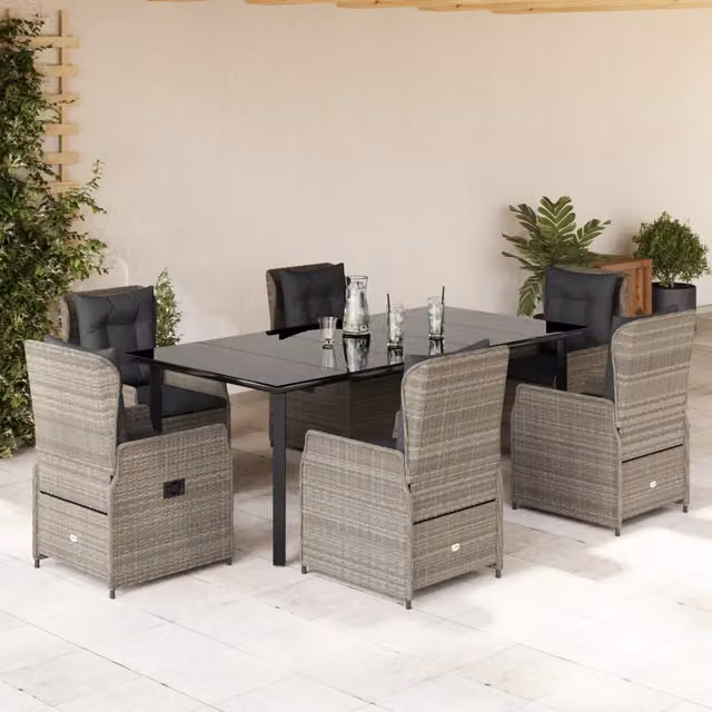 Set da pranzo da giardino vidaXL in polyrattan con piano in vetro, 7 pezzi, grigio e nero – 1