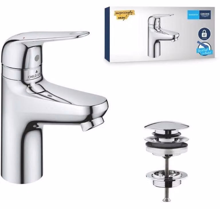 Single-lever mixer - GROHE - 24319001 - Swift washbasin - With child safety - Size S