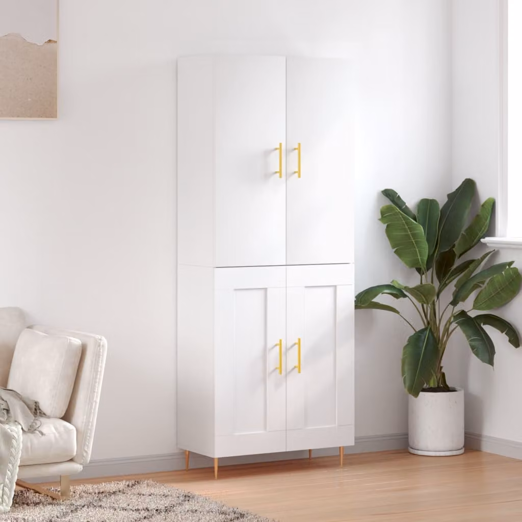 Credenza moderna vidaXL in legno multistrato e metallo, colore bianco, L: 69,5 cm, P: 34 cm, H: 180 cm