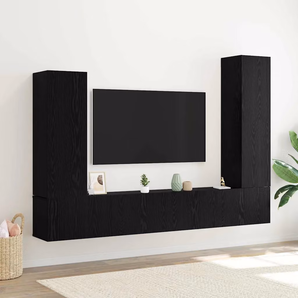 Set mobile TV moderno vidaXL in 4 pezzi, Rovere e Nero, in legno ingegnerizzato, L: 110,0 cm, P: 30,5 cm, H: 30,0 cm