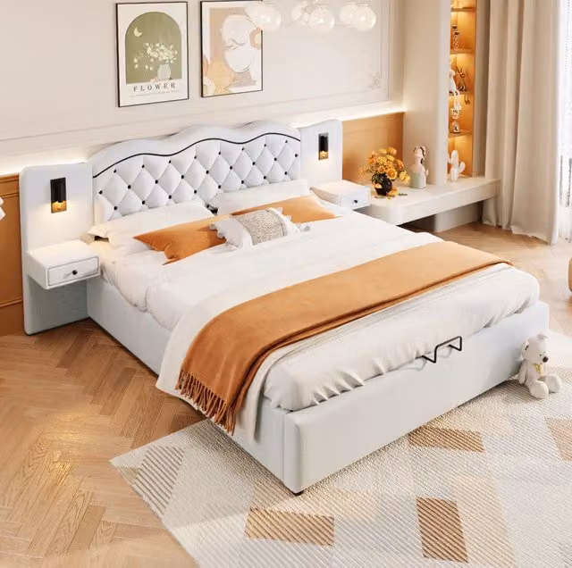Letto imbottito 180x200 cm; alzata idraulica e luci; lino e MDF; beige