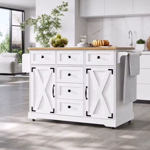 Isola da cucina pieghevole multifunzione in MDF e metallo bianca 147x70x93 cm