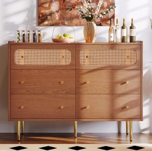Cassettiera ULEVR 120x40x90 cm con 6 cassetti, 2 frontali in rattan e gambe in metallo, noce