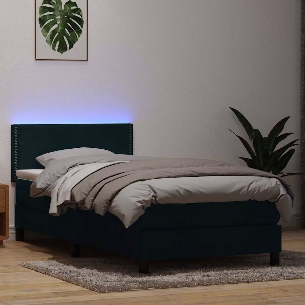 Letto a Molle Ibrido con Materasso e LED vidaXL in Velluto Verde Scuro L: 80 cm, P: 223 cm