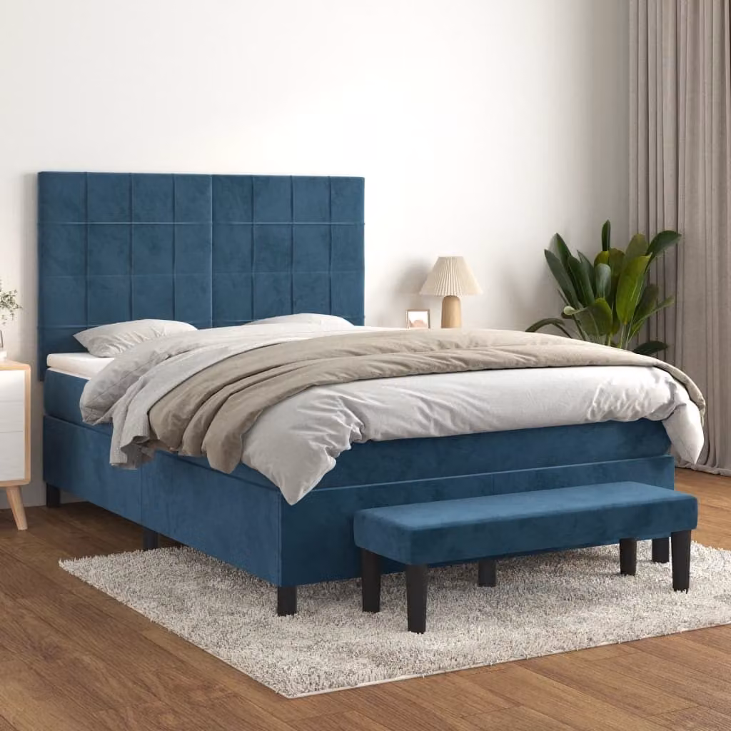 The Living Store Letto a molle con materasso blu scuro 140x200 cm in velluto