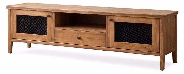 Mobile TV in legno e metallo, design industriale, stile rustico, contenitore a griglia, vintage