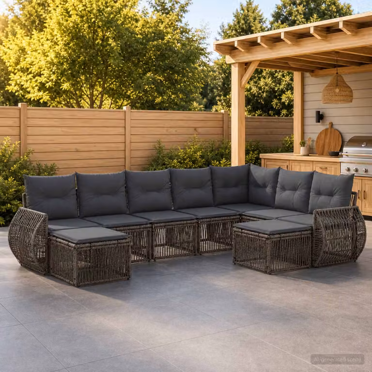 Set Divano da Giardino vidaXL 9 pz a Forma a U Grigio con Cuscini e Struttura in Metallo e Polyrattan