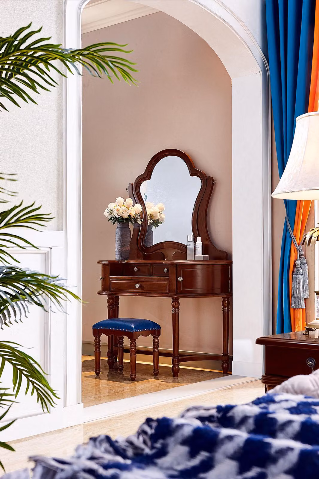 Klassisch Möbel Massivholz 2tlg Luxus Schminktisch Hocker Schlafzimmer Möbel