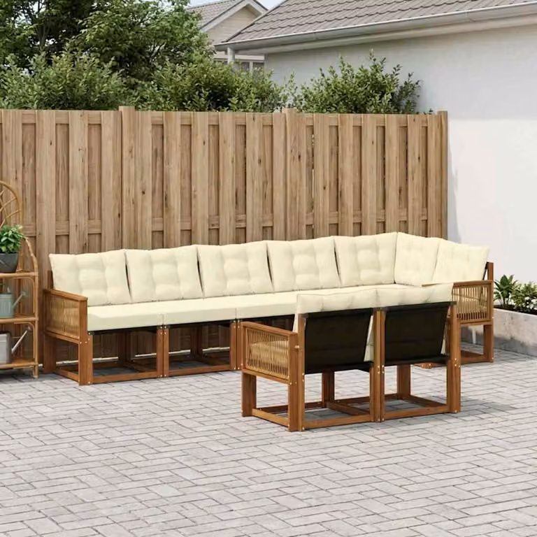Set di divani da esterno vidaXL 8 pz in legno di acacia e textilene, colore beige e bianco, design moderno a L con cuscini inclusi