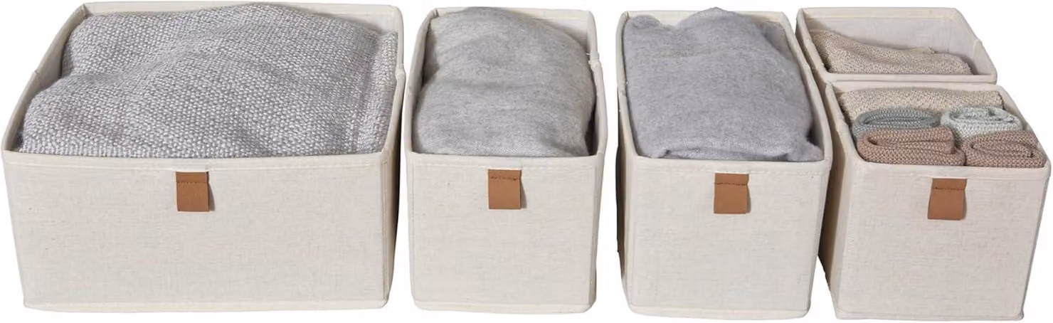 Scatole di stoccaggio, 5 pezzi, color beige, in lino, con pareti rinforzate, di diverse dimensioni, ideali per l'abbigliamento