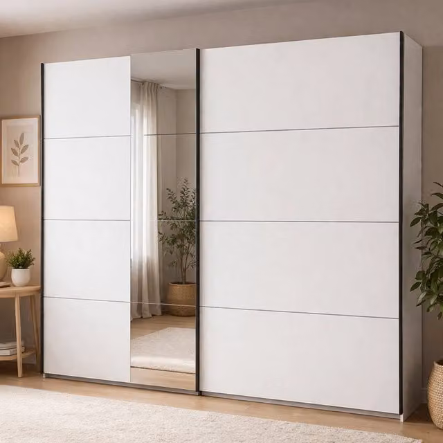 Armadio da camera da letto DMORA Resiutta con ante scorrevoli in vetro e finitura bianco opaco L: 245 cm, H: 217.5 cm