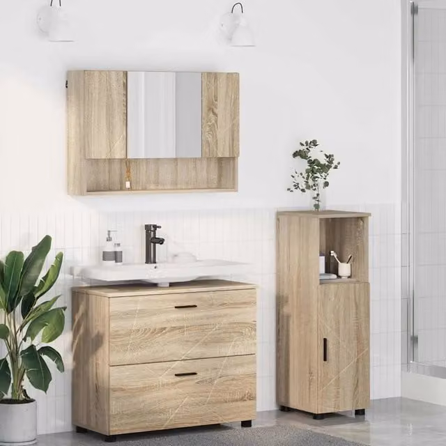 Set di mobili da bagno moderno vidaXL in 3 pezzi color marrone con mobile lavabo, armadietto con specchio e colonna alta, finitura opaca in legno e metallo – 1