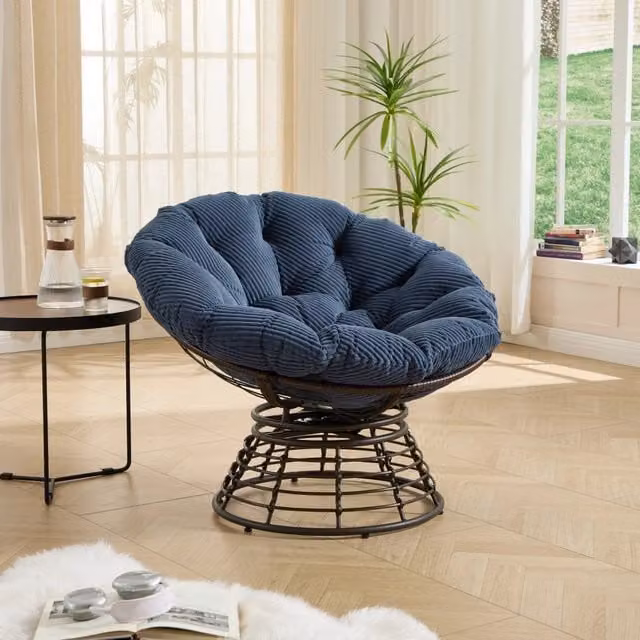 Poltrona Papasan Girevole MINIMAL in Rattan con Cuscino, Marrone e Blu