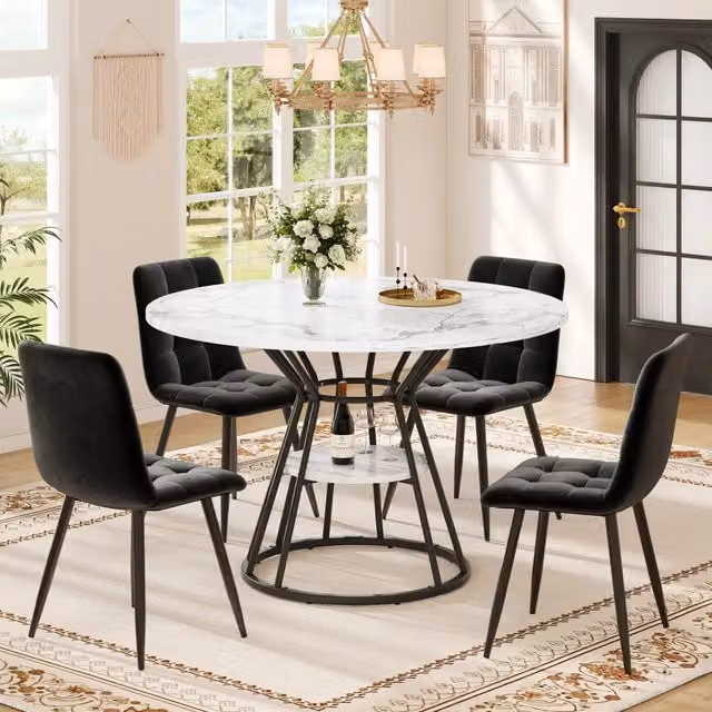 Set tavolo da pranzo e sedie con 1 tavolo e 4 sedie, ripiano portaoggetti in MDF, metallo e velluto nero