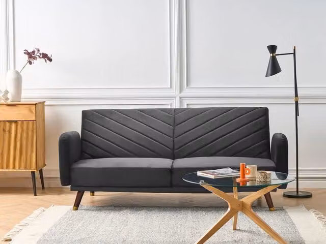 Divano Letto Moderno Beliani in Velluto Nero con Funzione Click-Clack e Poggiatesta Regolabile per Soggiorno, L: 198 cm, P: 87 cm, H: 95 cm – 1