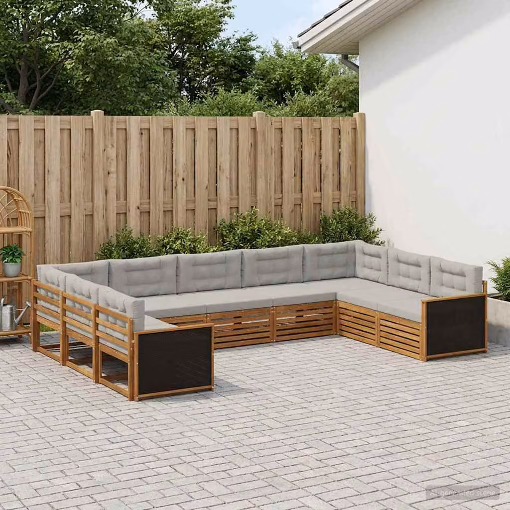 vidaXL Set di divani da esterno a L in legno di acacia con cuscini, 9 pezzi, Beige e Grigio