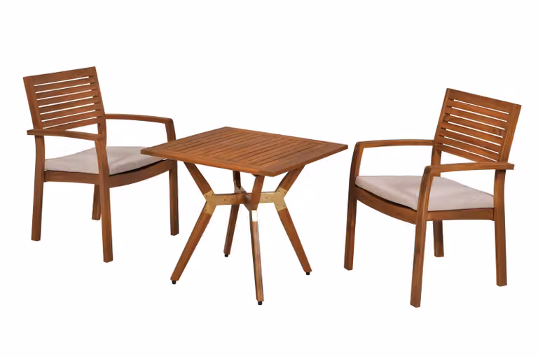 Set di mobili da giardino Merxx Batavia 5 pezzi, 2 sedie impilabili, 2 cuscini, 1 tavolino da bistrot 70 x 70 cm - Acacia