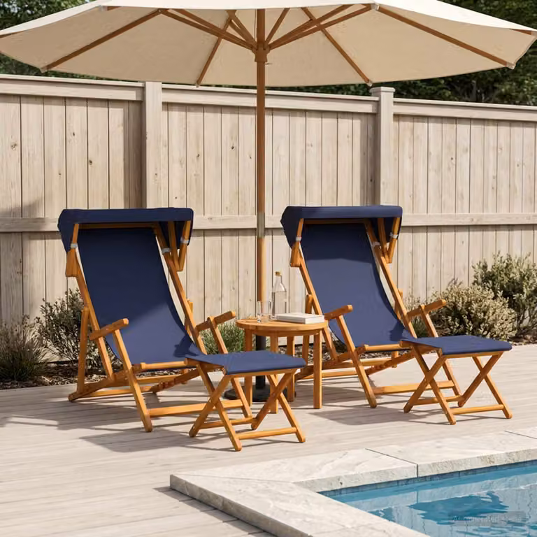 Set di 4 lettini prendisole vidaXL in legno di eucalipto massello con schienale regolabile in 3 posizioni e tessuto blu resistente ai raggi UV