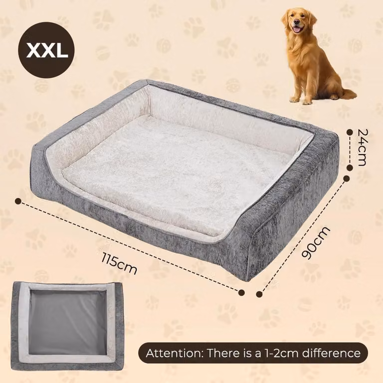 Cuccia per cani - Divano per cani di grandi dimensioni (XXL) - 115 x 90 x 24 cm - Tessuto in pile corallo - Impermeabile - Lavabile in lavatrice - Fondo antiscivolo - Grigio