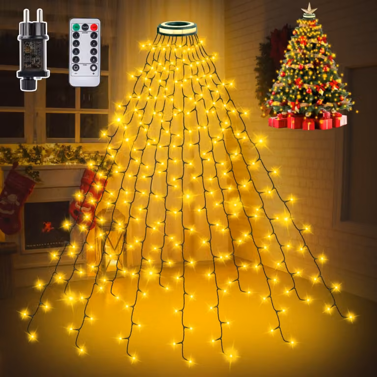 Catena luminosa per albero di Natale, lunghezza 2,5 metri, 320 LED, 12 fili, con timer, luce bianco caldo