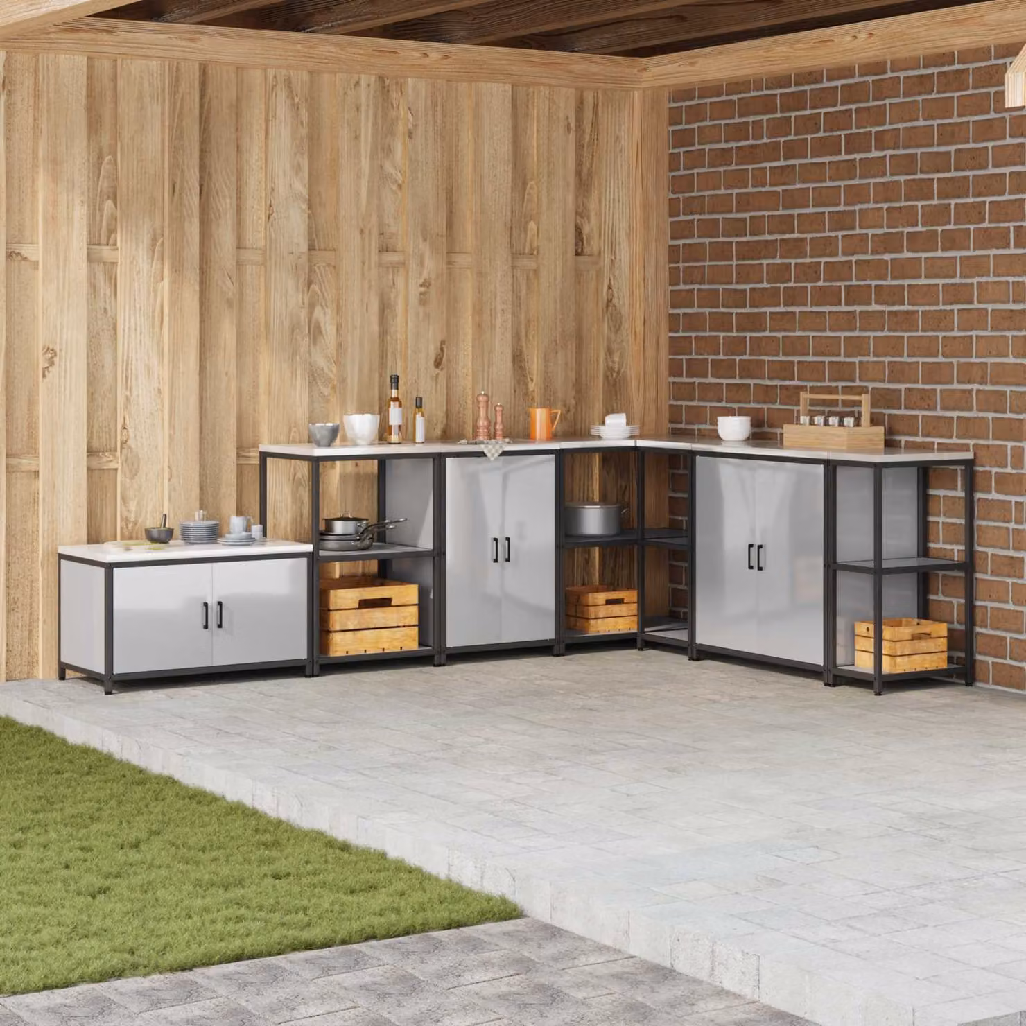 vidaXL Armadietto da Cucina e Giardino HATTEM Argento in Metallo con Ante a Battente e Ripiani Interni L/P/H: 92 x 50 x 60 cm