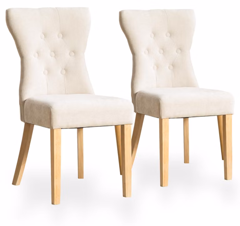 Set di 2 poltrone da pranzo in velluto, con schienale alto, capitonneria a bottoni e gambe in legno massello, colore beige
