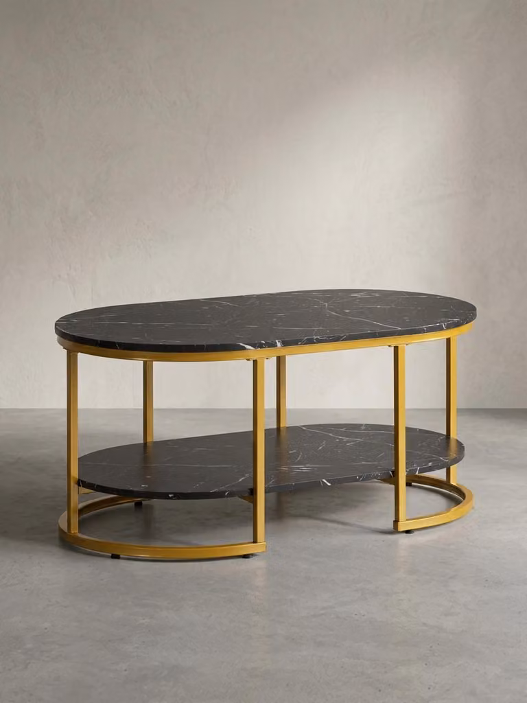 Tavolino 100x60x45 cm nero con aspetto marmo, tavolo da salotto di design rettangolare, tavolino da salotto con ripiano, tavolino moderno con struttura in metallo dorato