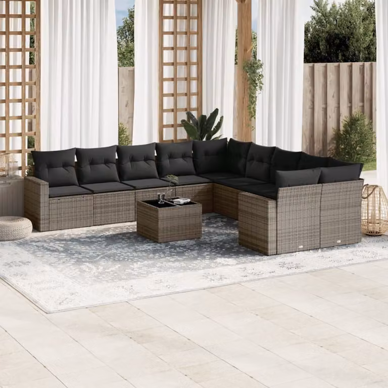 vidaXL Set Divani da Giardino 11 pz a Forma a L con Cuscini in Polyrattan e Tessuto Grigio