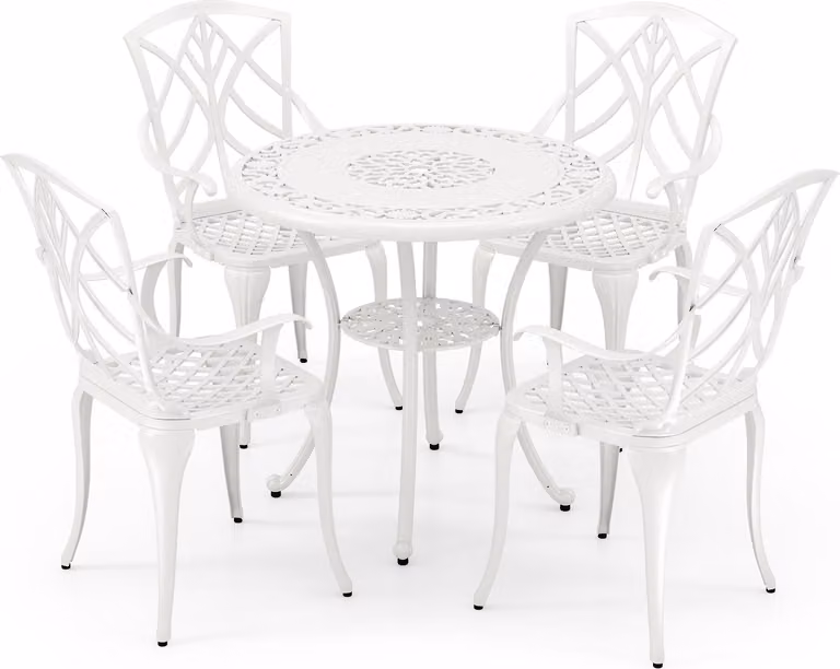 COSTWAY Set di mobili da giardino da 5 pezzi, set di sedute da giardino resistente alle intemperie incl. 4 sedie, 1 tavolo con foro per ombrellone, set di sedute per 4 persone bianco