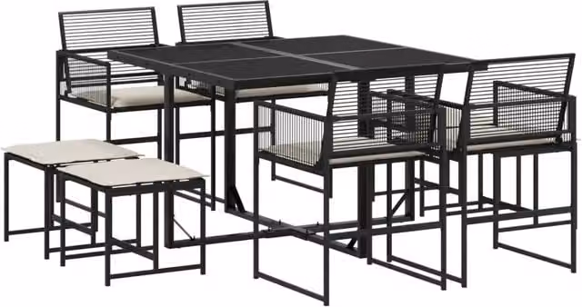 Set da Pranzo da Giardino 9 pz in Polyrattan con Piano in Vetro Nero e Bianco