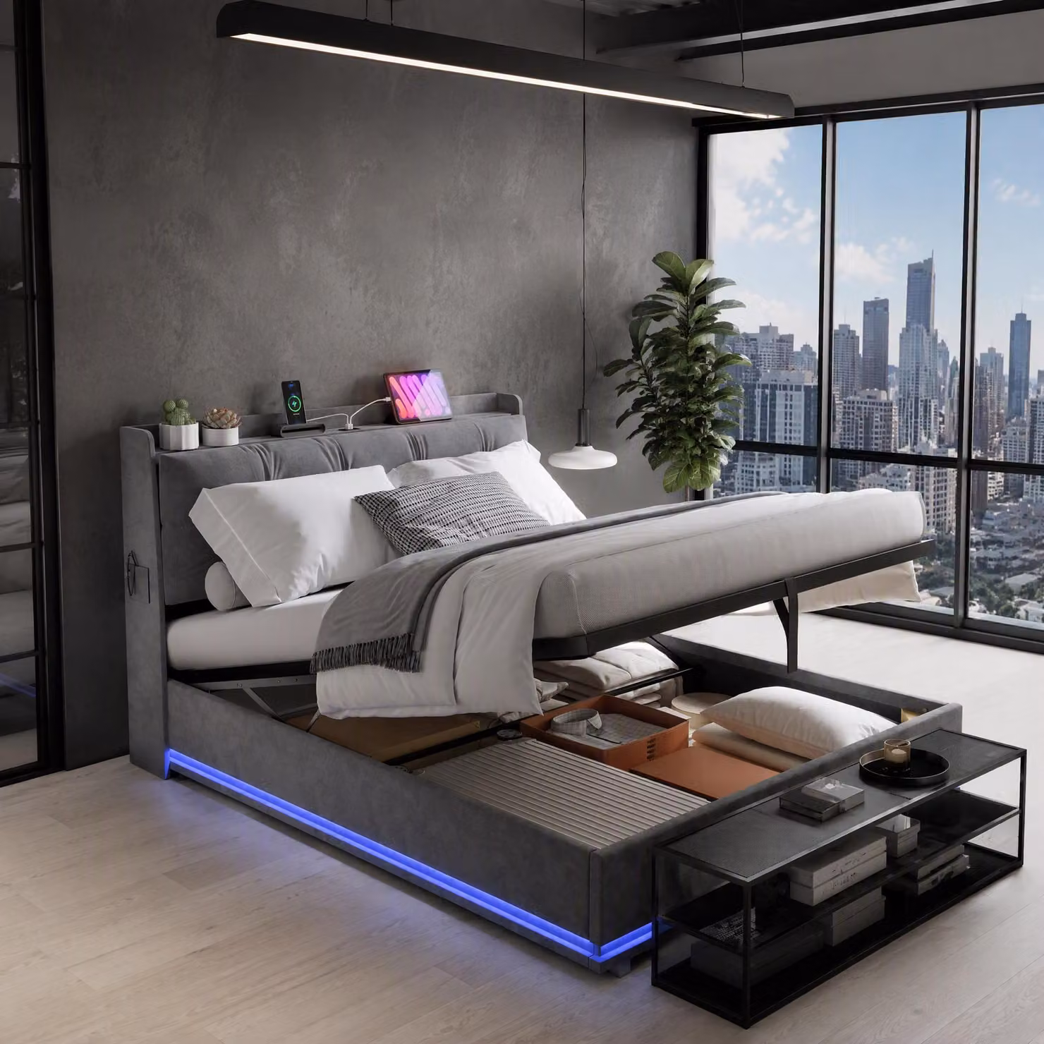 Letto imbottito INONEFT 140x200 con LED e USB, letto a molle con contenitore a sollevamento idraulico, letto per ragazzi con rete a doghe, letti singoli, tessuto velluto, colore grigio