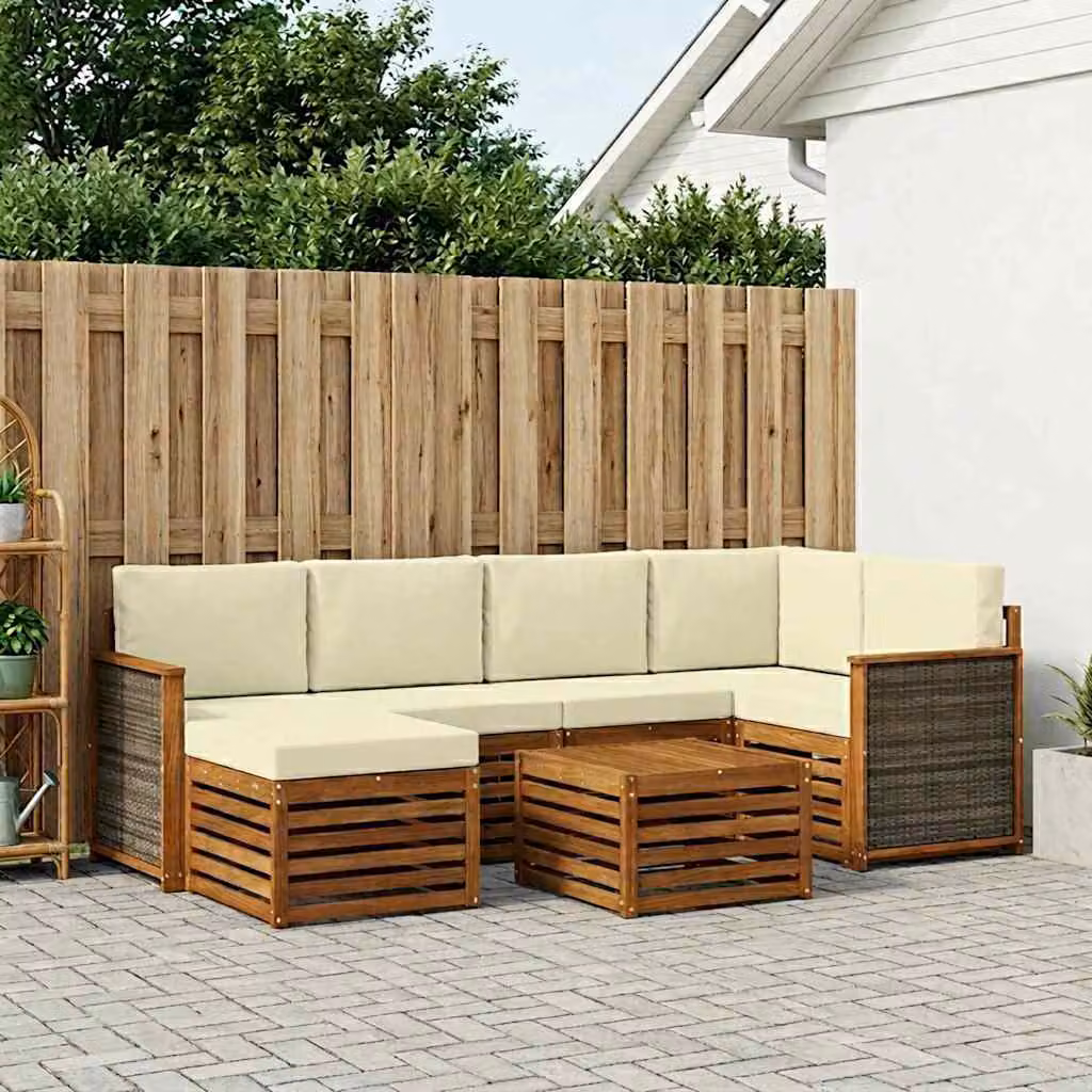 Set di divani da esterno vidaXL 6 pz in legno di acacia con cuscini beige e bianco per giardino e terrazza