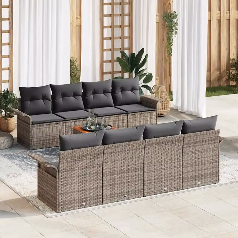 Set Divano da Giardino vidaXL 9 Pezzi Grigio con Cuscini e Tavolino in Polyrattan e Acciaio