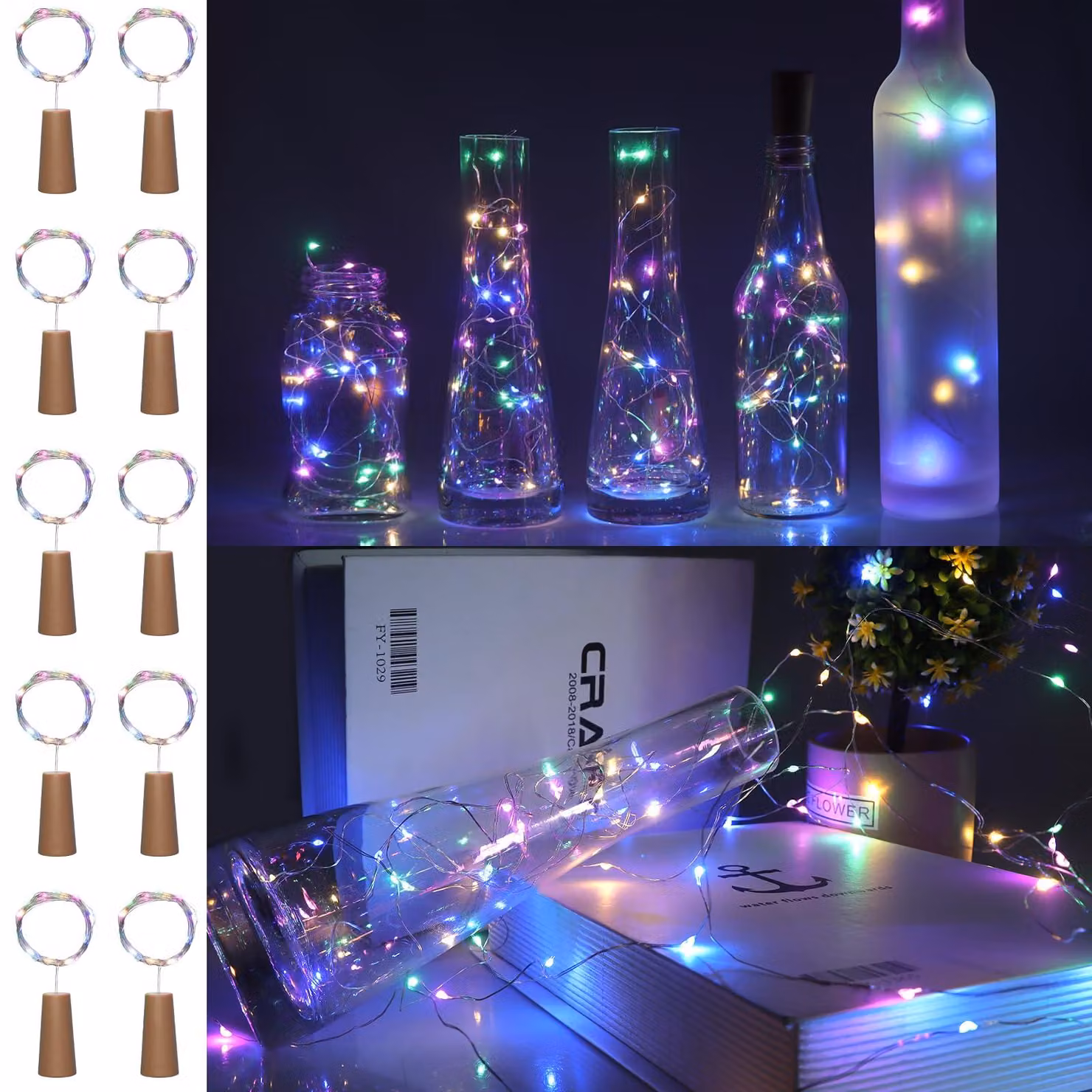 Set di 10 luci per bottiglie con tappo, lunghezza 2 metri, 20 LED, multicolore