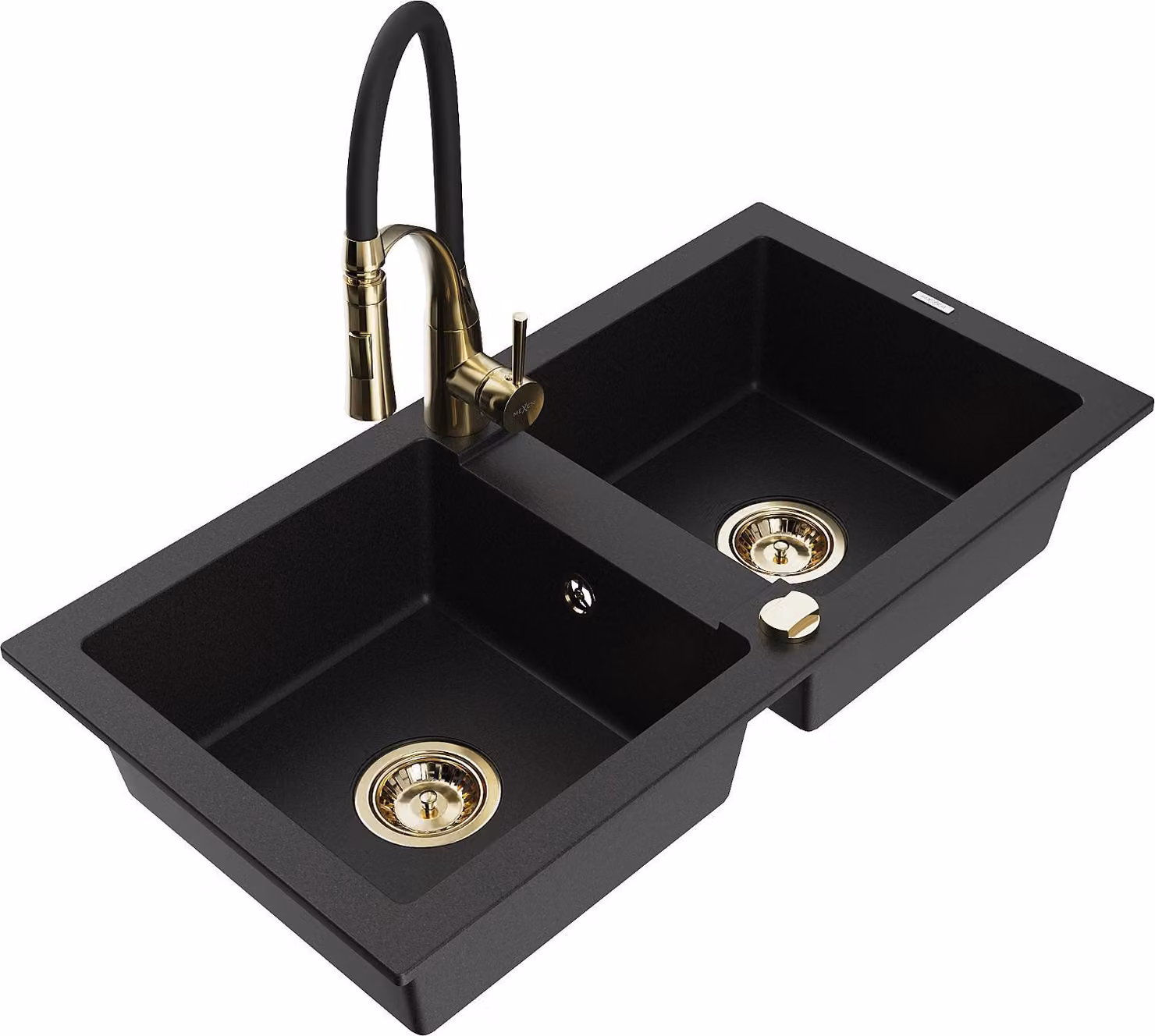 Mexen Mario lavello in granito a 2 vasche con rubinetto da cucina Aster, nero - 6504-77-73450-57-G