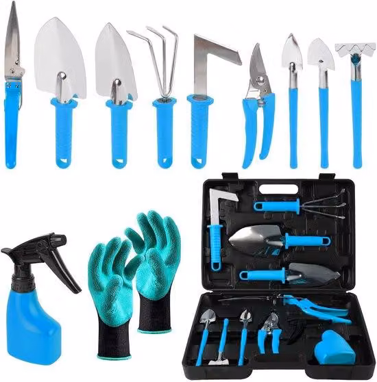 Set di 11 utensili da giardino Unyqoos®, completo di valigetta e guanti, in plastica e acciaio inossidabile, con impugnature in gomma antiscivolo, inclusa una potatura con sistema di sicurezza