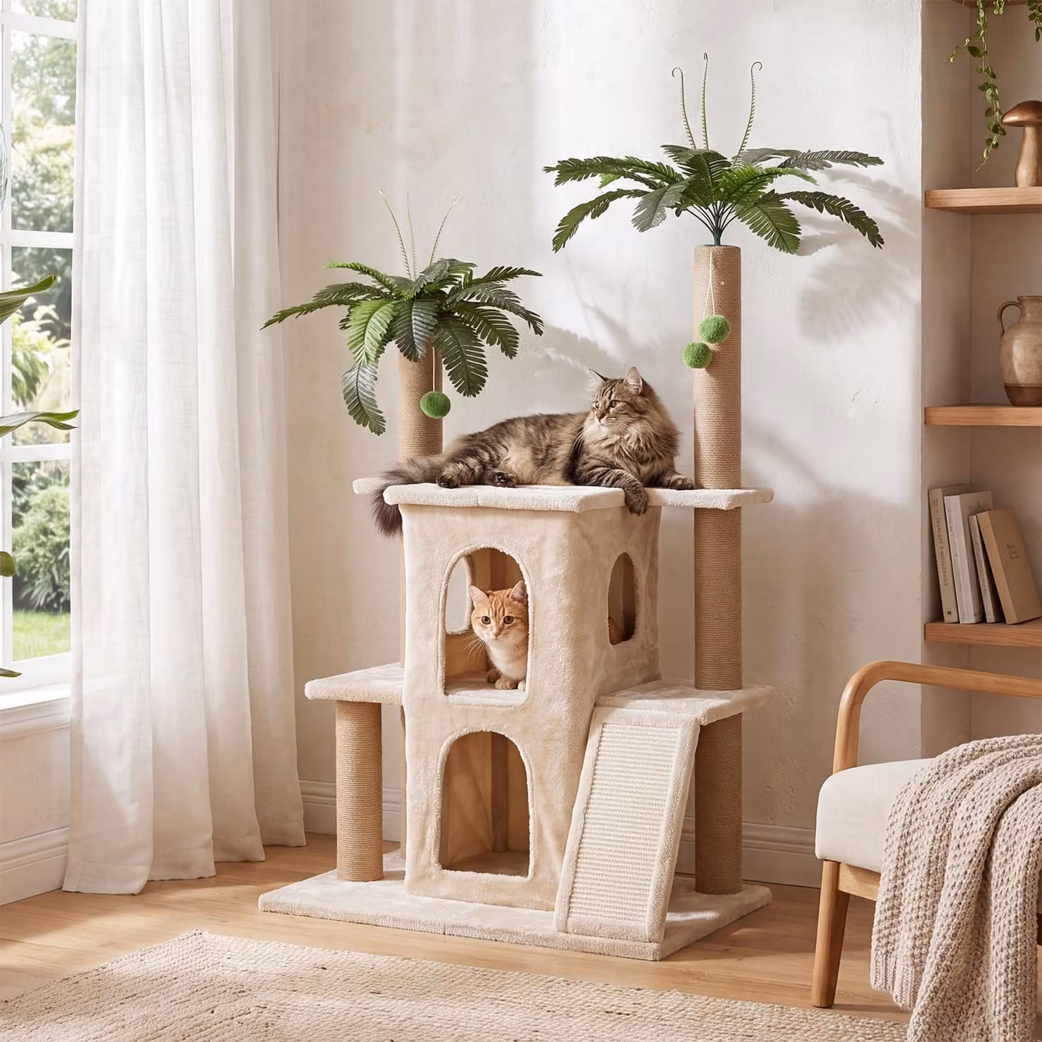 Albero per gatti alto 155 cm, grande albero per gatti adatto a 2 gatti, struttura a più livelli con 2 rifugi per gatti, 7 pali in sisal per graffiare, colore beige