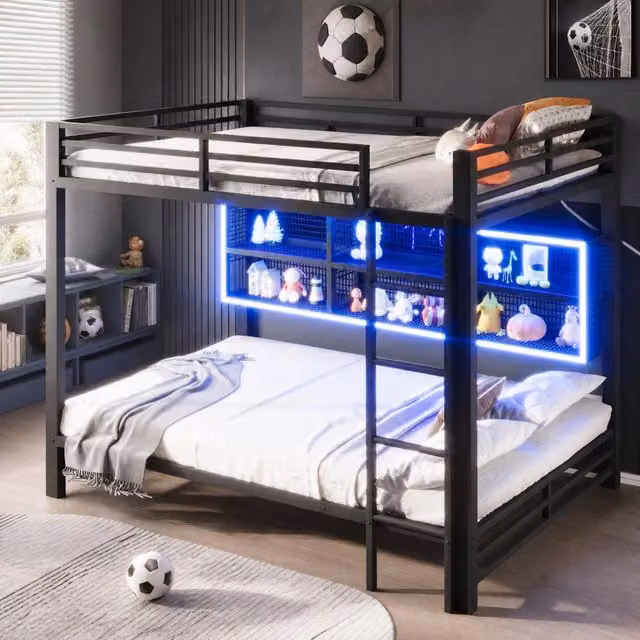 Letto a castello 140x200 cm in metallo nero con armadietti contenitori e luce LED integrata