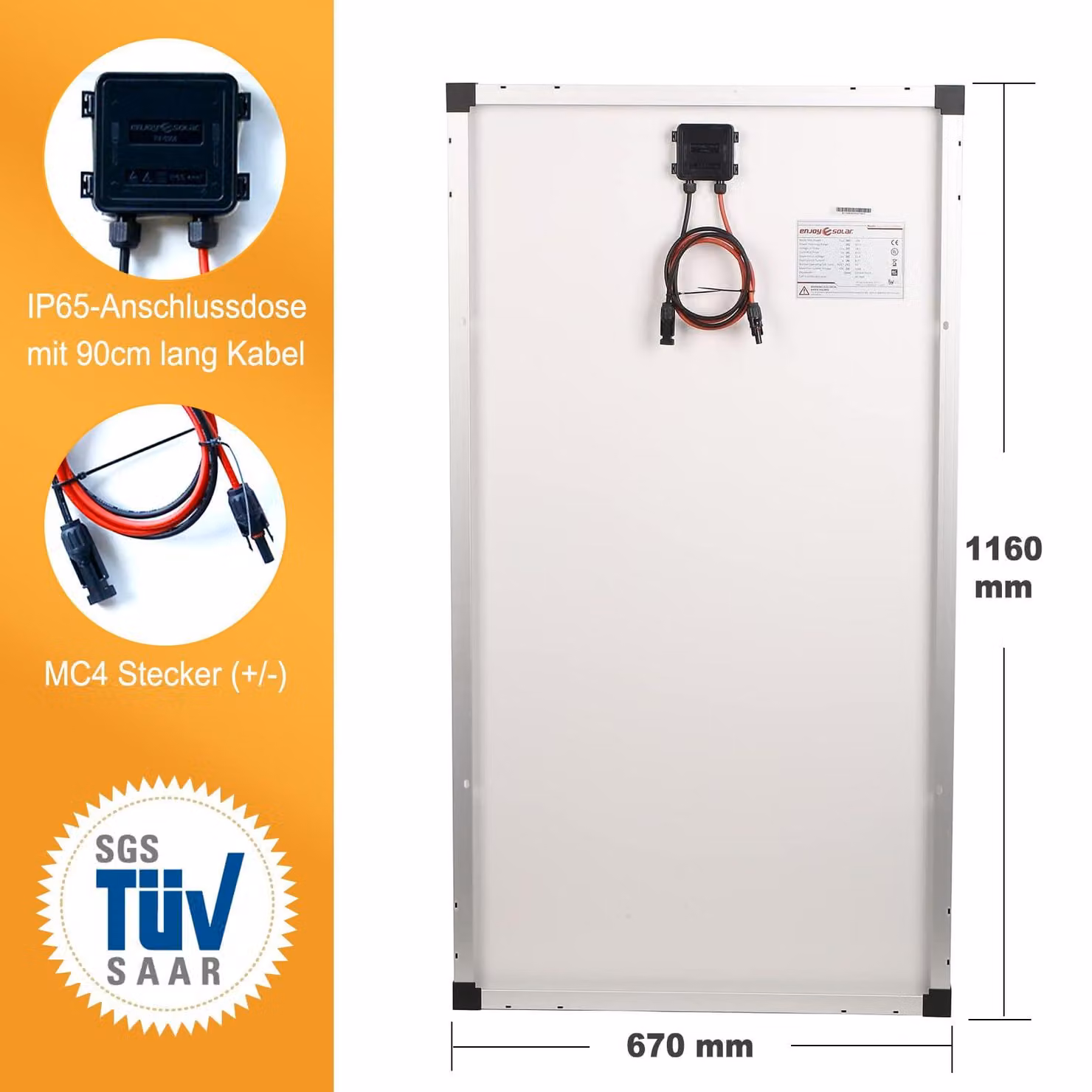 Pannello solare monocristallino da 150 W, 12 V - Tecnologia PERC - Dimensioni: 116x67x3 cm - Telaio in alluminio