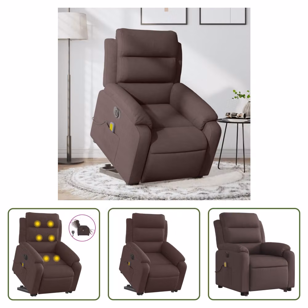 The Living Store Poltrona massaggiante elettrica con supporto in piedi Tessuto marrone scuro