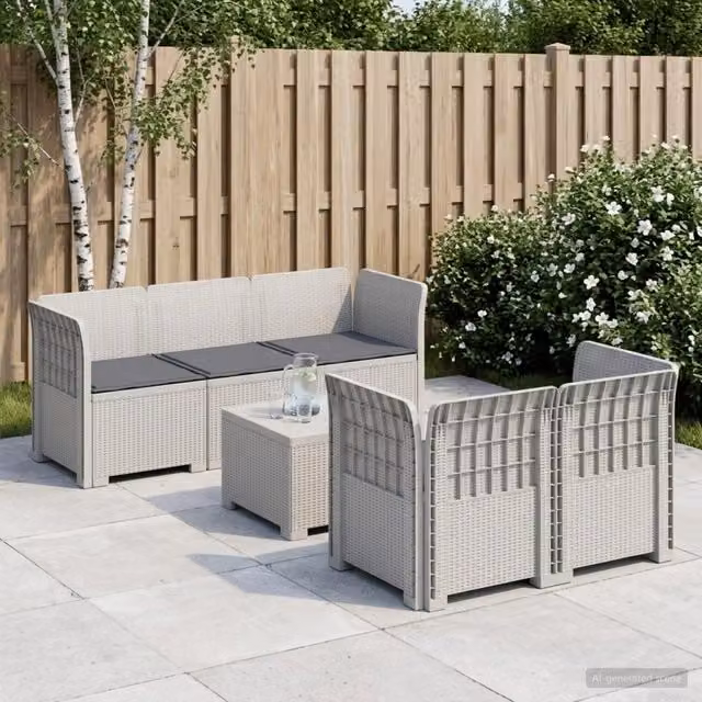 Divano da Giardino 5 Posti con Cuscini Stile Rattan PP Bianco 3443901