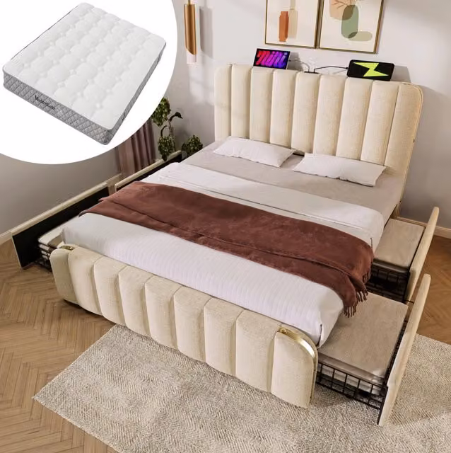 Letto matrimoniale imbottito 160x200 cm in lino beige con 4 cassetti; USB e Type-C