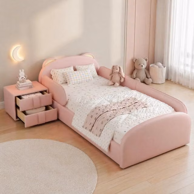 Desviae Letto bambini 90 × 200 cm con testiera orso, comodino coordinato, senza materasso, in PU, rosa