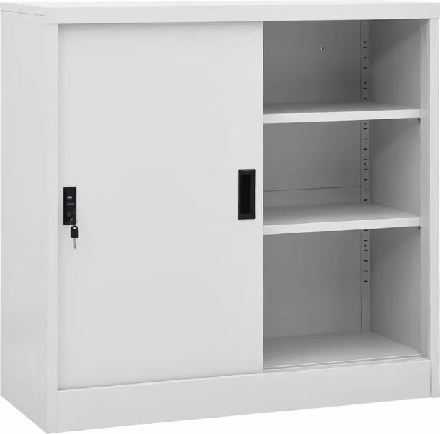 Armadio da ufficio moderno HELLOSHOP26 in acciaio grigio chiaro con ante scorrevoli, serratura e ripiani regolabili, L: 90 cm, P: 40 cm, H: 90 cm