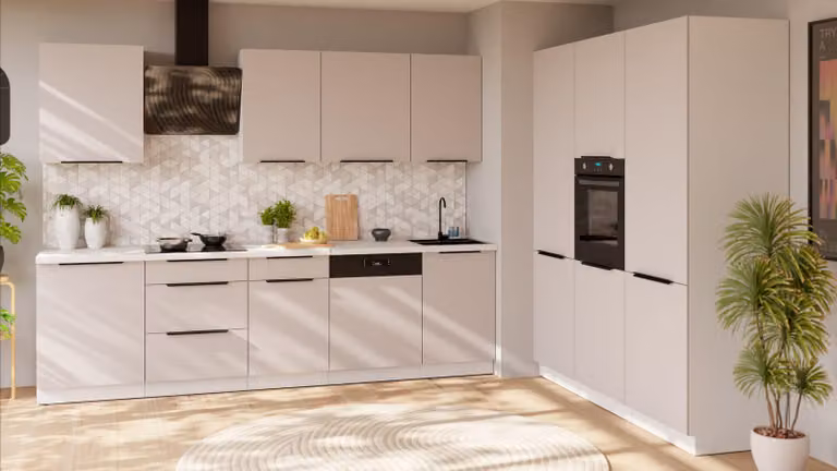 Cucina COMO 280 + 180 cm, angolo cottura, blocco cucina, cucina componibile, color cashmere beige opaco + bianco opaco
