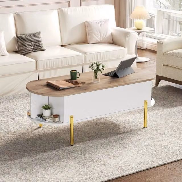 Tavolino da caffè MINIMAL con piano regolabile e vani contenitore in legno e metallo, Bianco/Legno, L: 120 cm, P: 50 cm, H: 43 cm