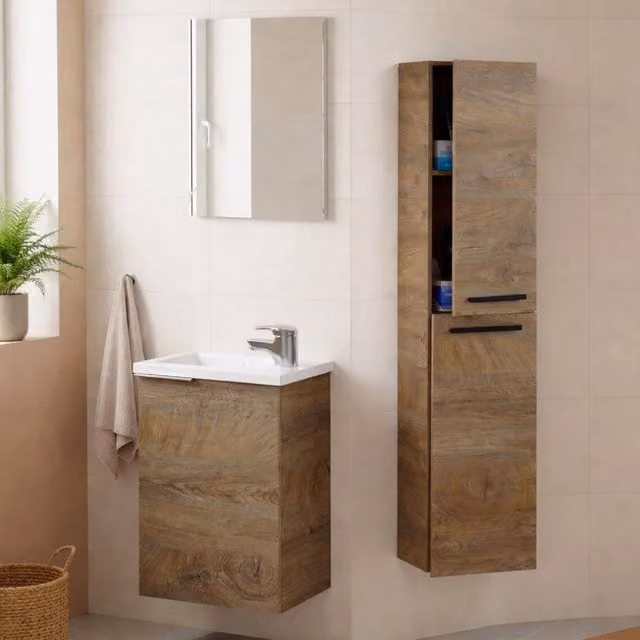 Set Mobili Bagno Moderno DMORA Osnago in Rovere Marrone con Mobile Lavabo, Colonna e Specchio a Sospensione – 1